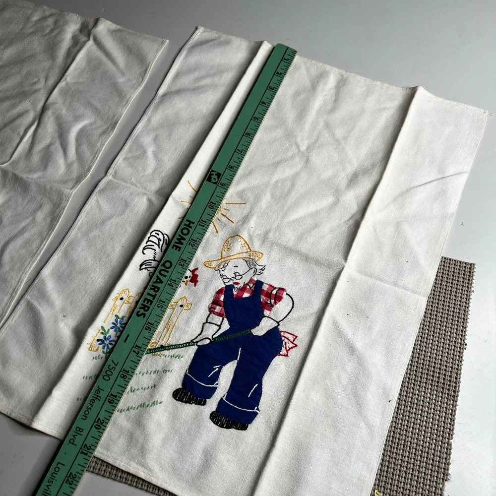 Vintage 1950s Hand Embroidered Tea Towels Set 2 Farm Grandmother Grandfather